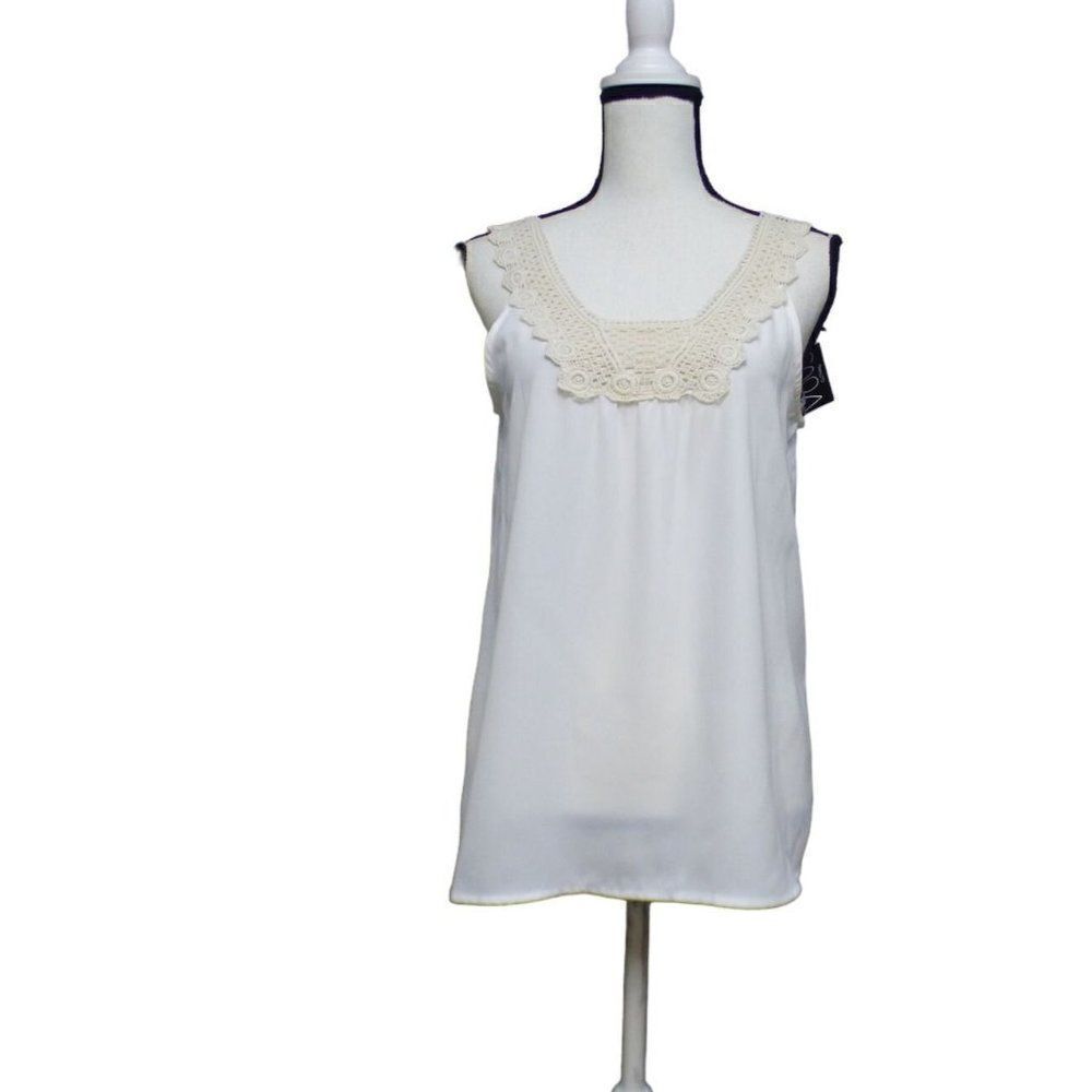 Miss Chievous Junior’s Crochet-Trim Woven Tank Top, Snow Drift (off White), S